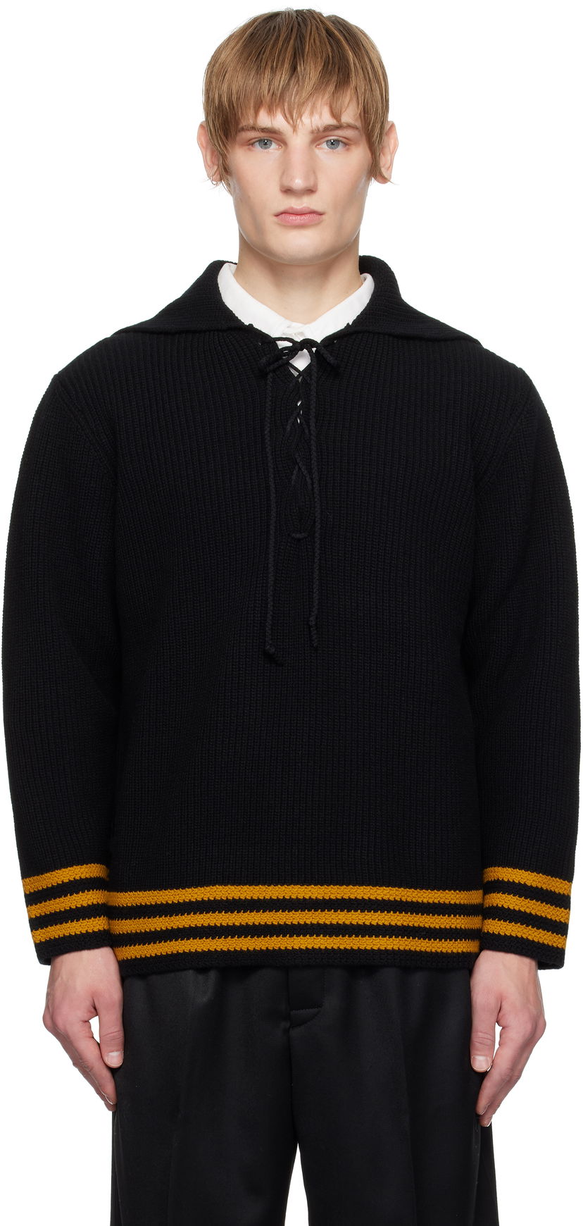 Sweater Bode Striped Lace-Up Collar Knit Sweater Svart | MRF24KT022