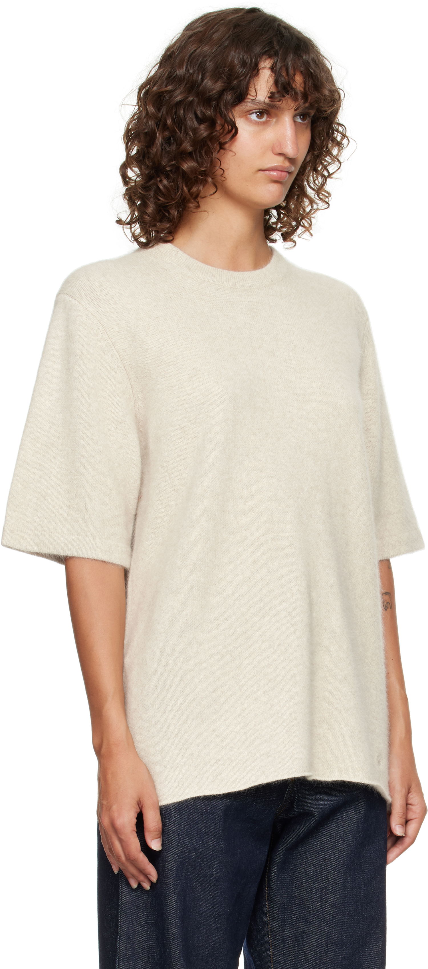 Sweater Loulou de Saison Loulou de Saison Raven Yak Blend Short Sleeve Sweater Beige | RAVEN, 1