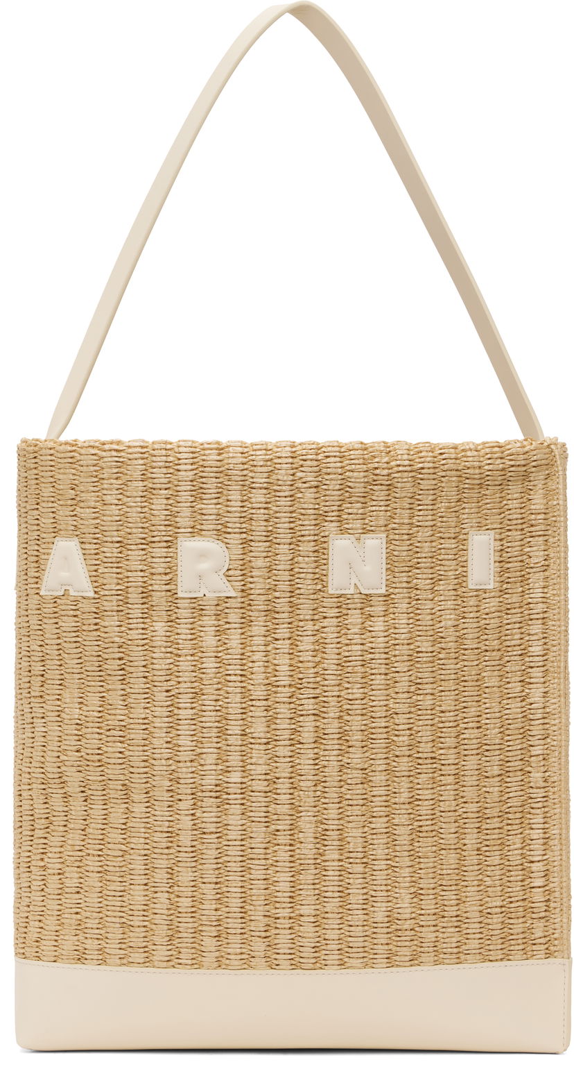 Tygpåse Marni Marni Museo Medium Raffia-Effect Tote Beige | SHMP0106U1 P8284