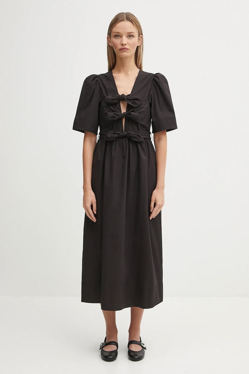 Klä GANNI GANNI Stretch Cotton Tie Strap Midi Dress Svart | W0842