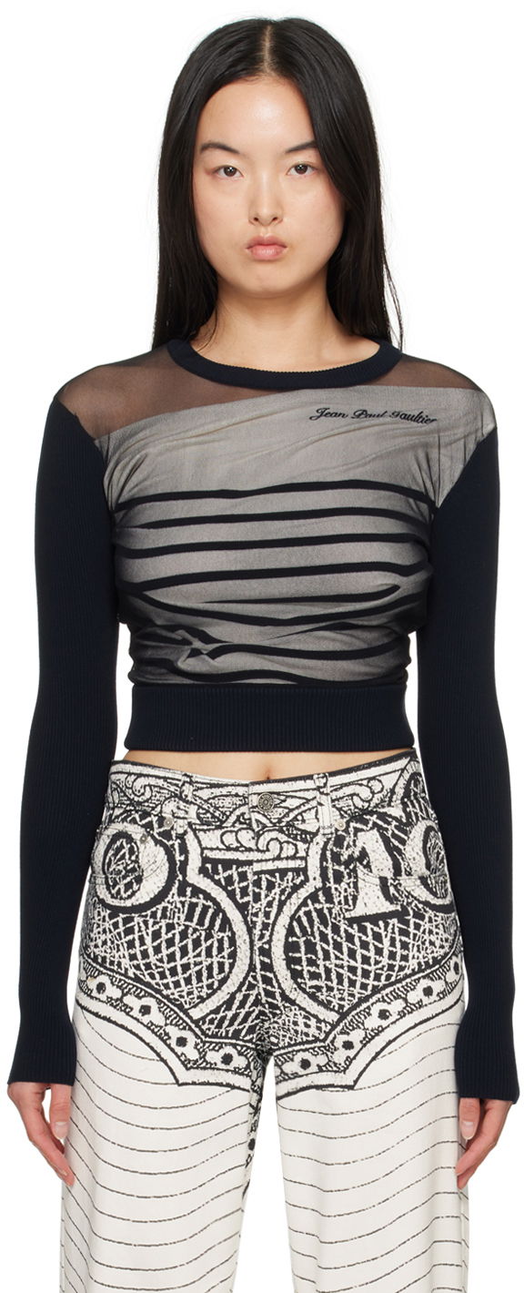 Sweater Jean Paul Gaultier Gaultier 'The Marinière' Striped Mesh Top Svart | 24/25-F-PL047B-M064-590100