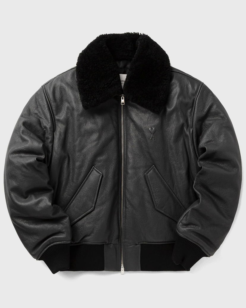 Bomberjacka AMI Leather Bomber Jacket with Shearling Collar Svart | HJK857.LH0044-020
