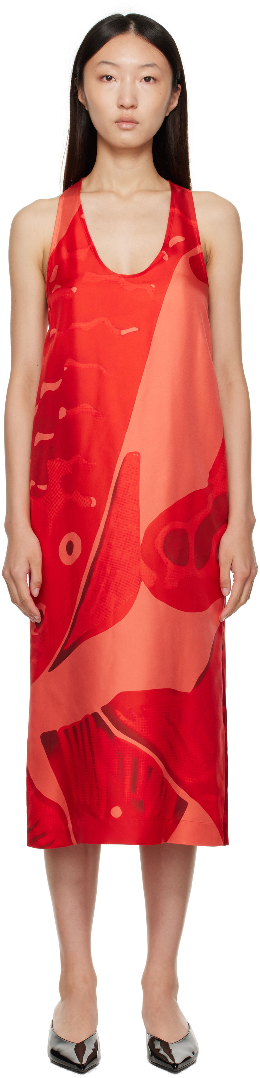 Klä FERRAGAMO Ferragamo Fish Print Silk Maxi Dress Röd | 783737