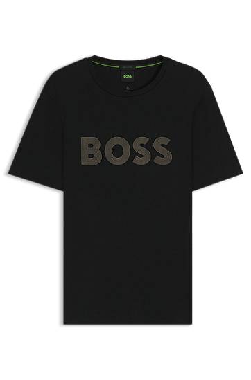 T-shirt BOSS Pima-Cotton T-Shirt with Gloss BOSS Logo Svart | 50543796