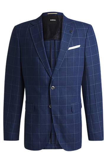 Jacka BOSS BOSS Slim-Fit Checked Linen-Blend Jacket Blå | 50540502