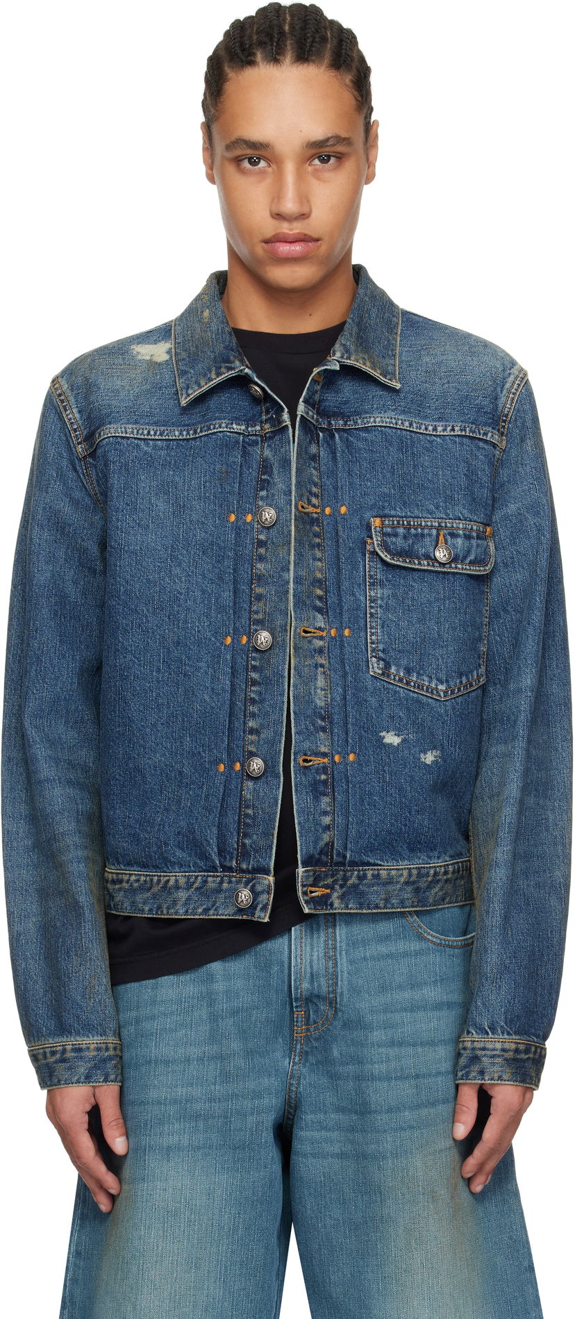 Jacka Palm Angels Palm Angels Curved Logo Denim Jacket Blå | PMYE055S25DEN0014540
