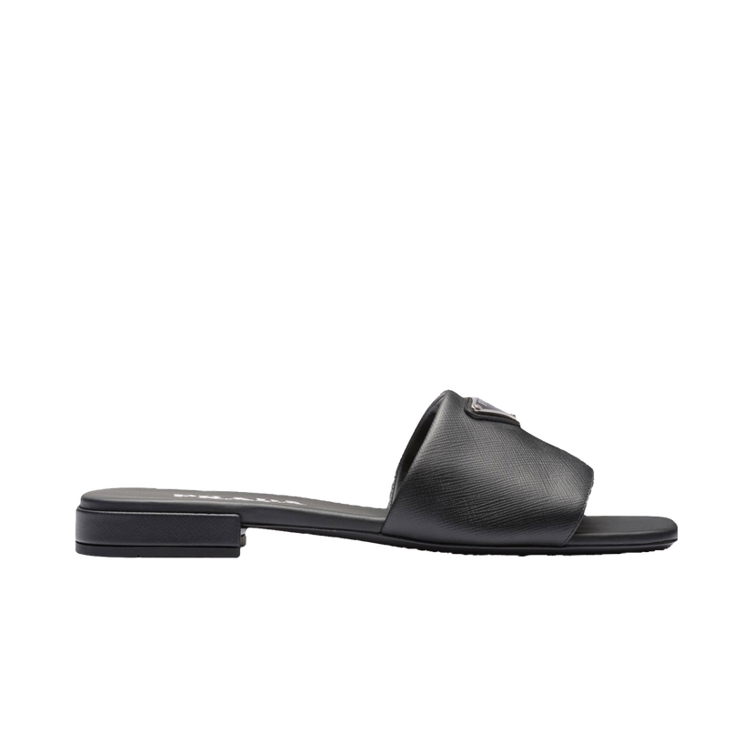 Sneakers och skor Prada Logo Slide Sandals Black Saffiano Leather Svart | 1XX627_053_F0002_F_010
