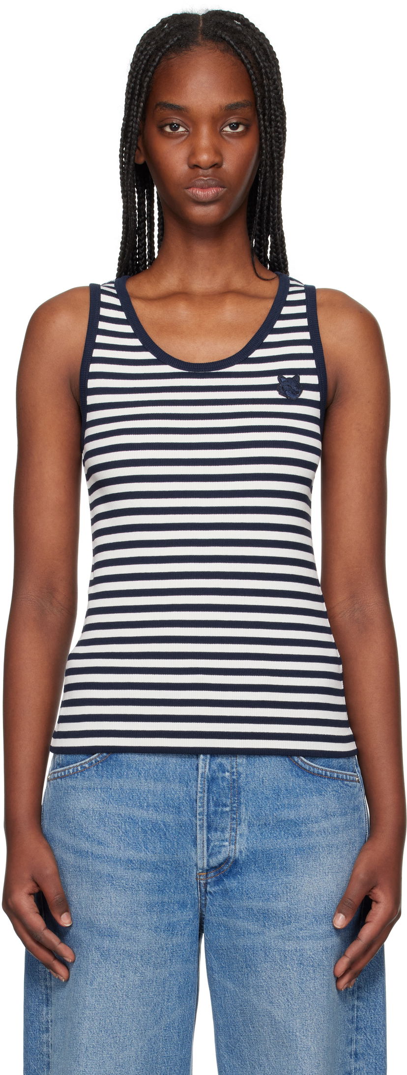 Linne MAISON KITSUNÉ Maison Kitsuné Fox Patch Striped Ribbed Tank Top Vit | OW00609KA0028