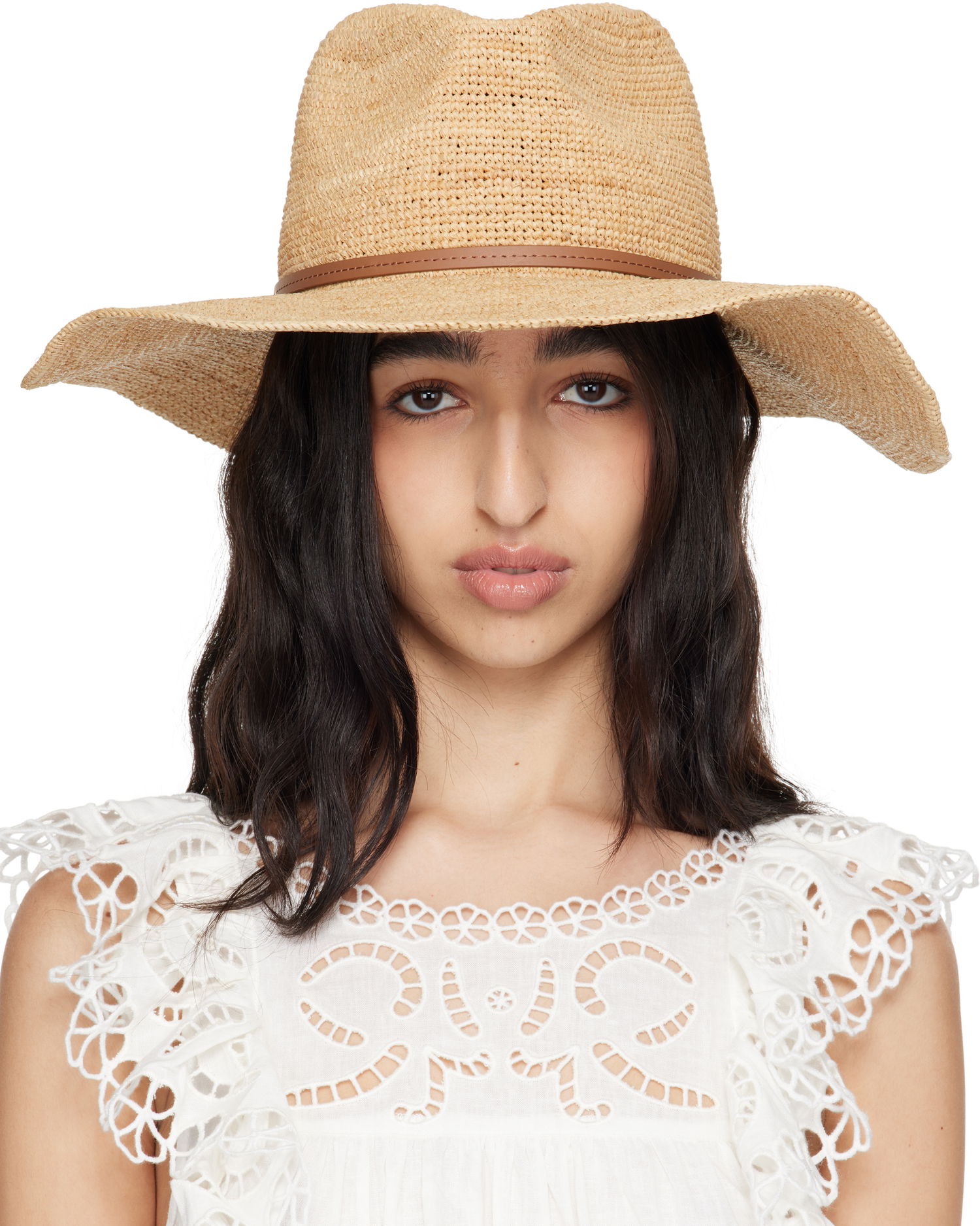 Hatt rag & bone rag & bone Leather-Trimmed Wide-Brim Raffia Panama Hat Beige | WJW25SH1015ST15, 0