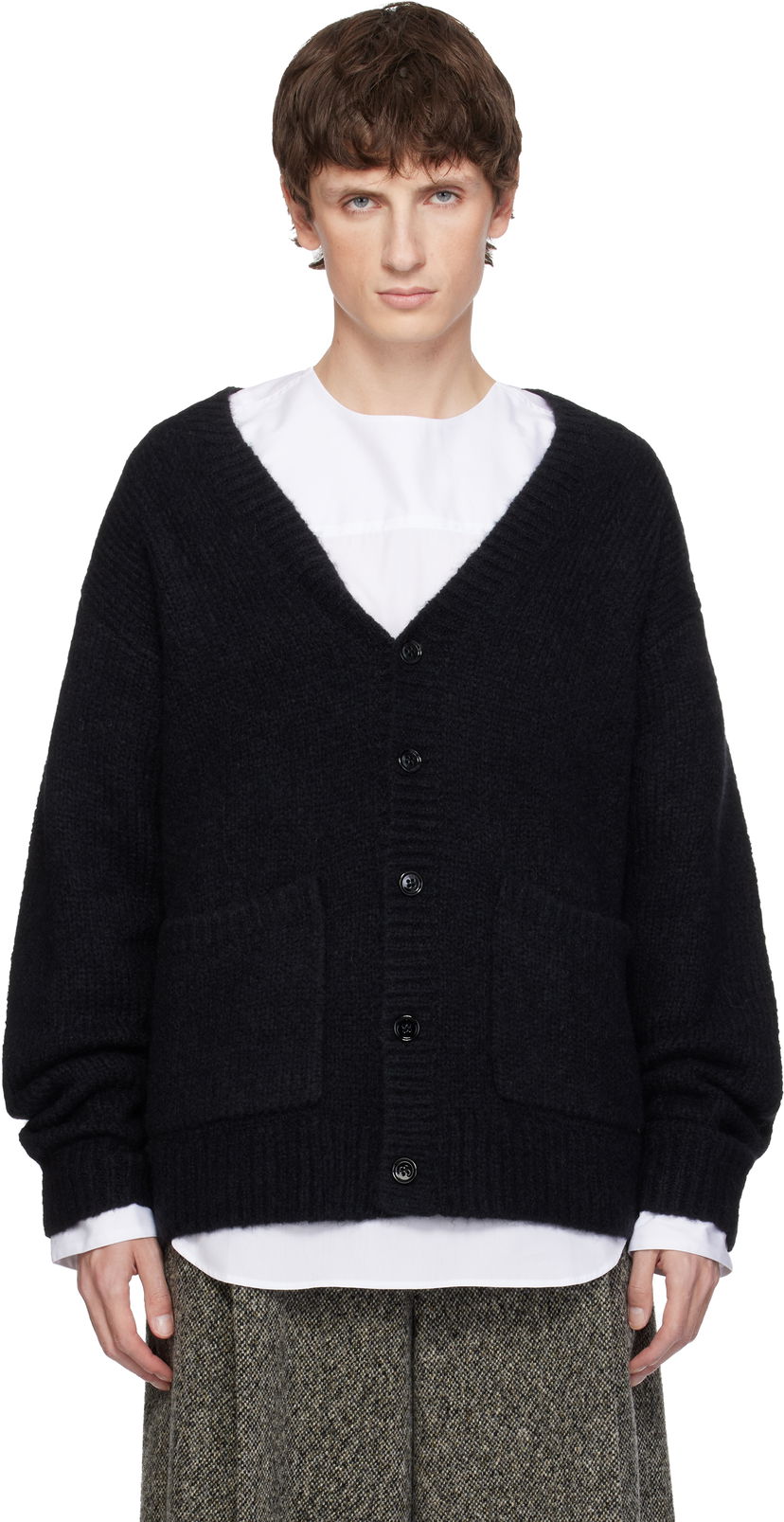 Sweater Dries Van Noten Dries Van Noten Alpaca & Merino Wool V-Neck Button-Front Cardigan with Pockets Svart | 252-021224-2709