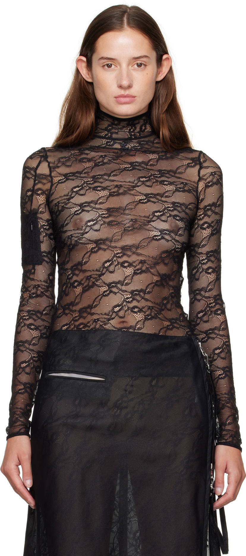 T-shirt Courrèges Courrèges Lace Mock Neck Long Sleeve Top Svart | 325CTO444PA0132