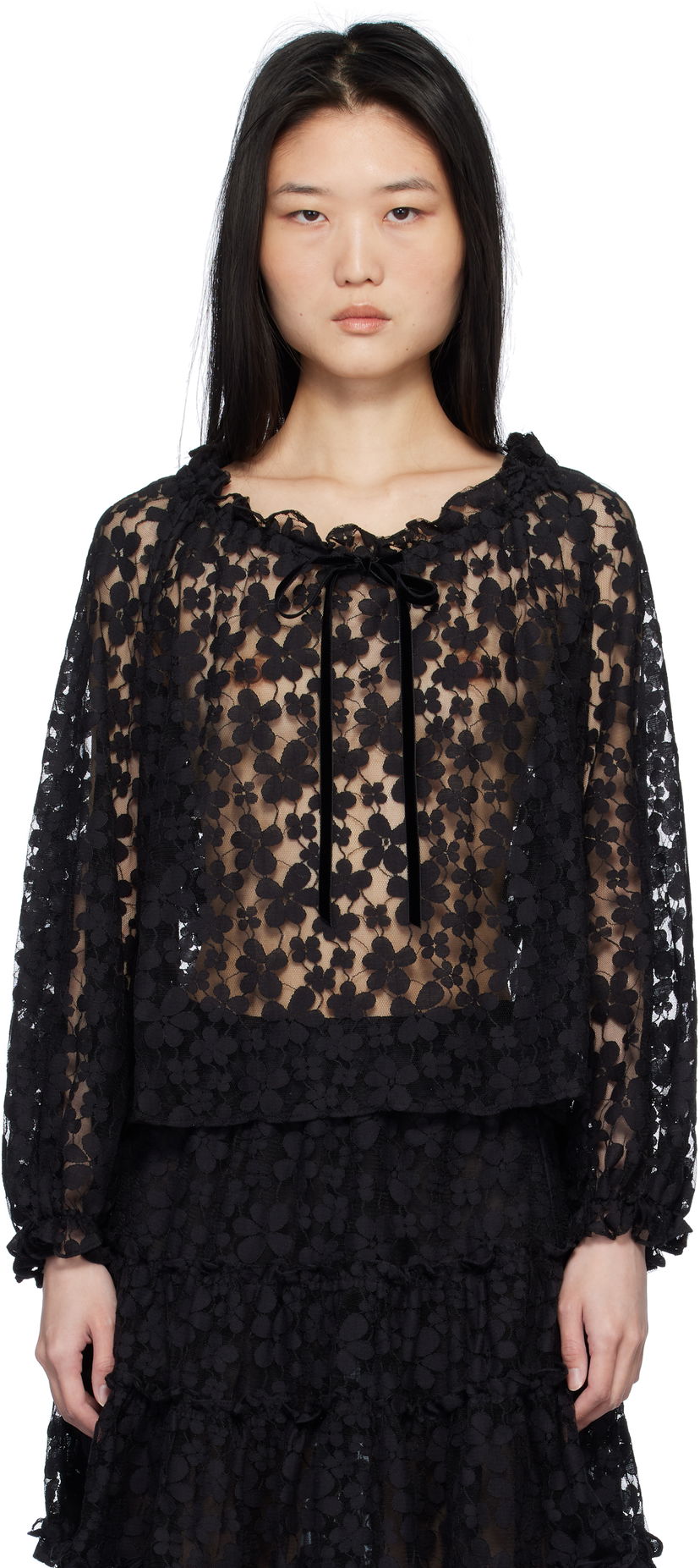 T-shirt Anna Sui Shadow Blossom Elastic Lace Blouse Svart | 1025M20
