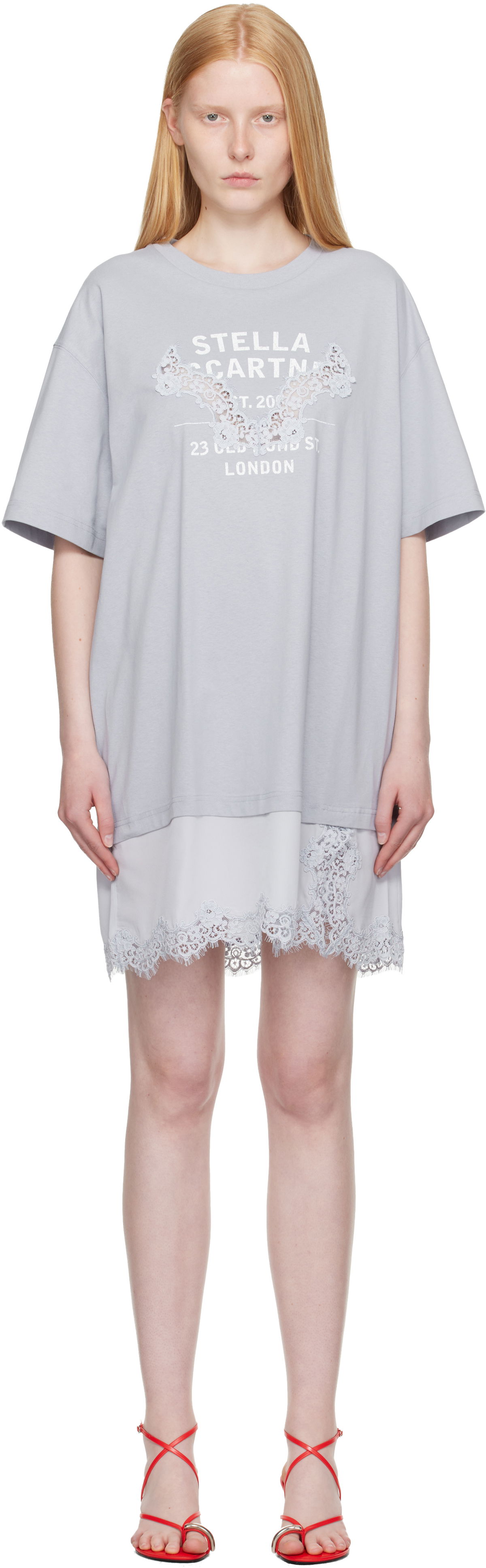 Klä Stella McCartney Stella McCartney Lace-Insert Graphic T-Shirt Minidress Grå | 6J04063SPZ99, 0