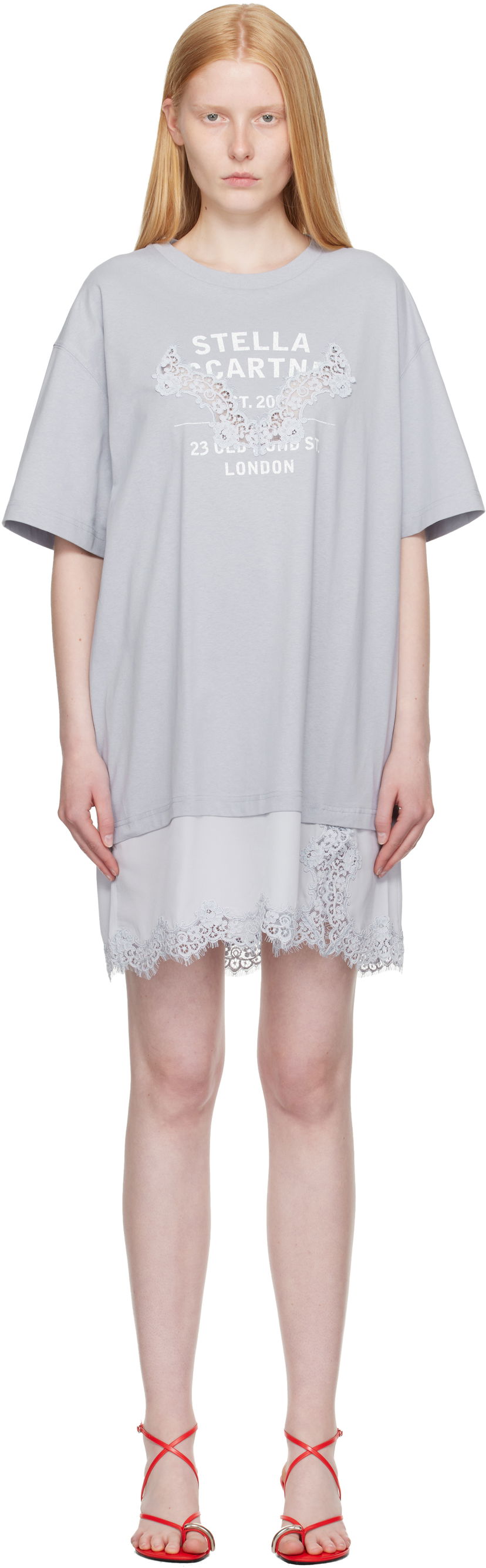 Klä Stella McCartney Stella McCartney Lace-Insert Graphic T-Shirt Minidress Grå | 6J04063SPZ99