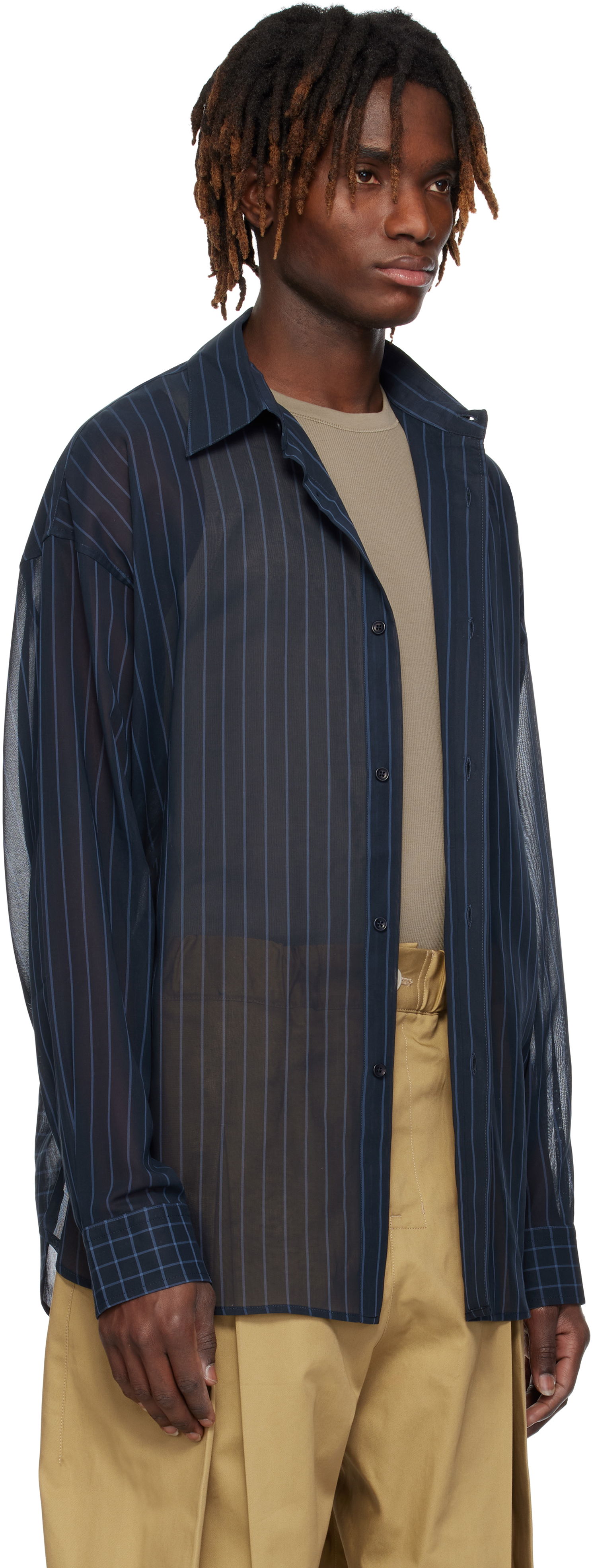 Skjorta sage NATION SAGE NATION Chisholm Sheer Striped Shirt Mörkblå | S075 CHISHOLM SHIRT, 1