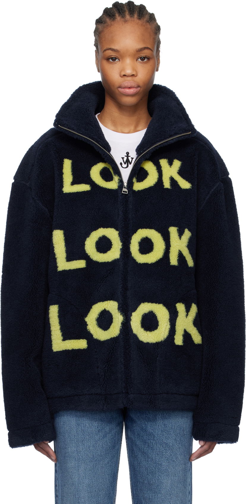 Bomberjacka JW Anderson JW Anderson 'Look Look Look' Fleece Zip-Up Jacket Mörkblå | JK0375-PG1711