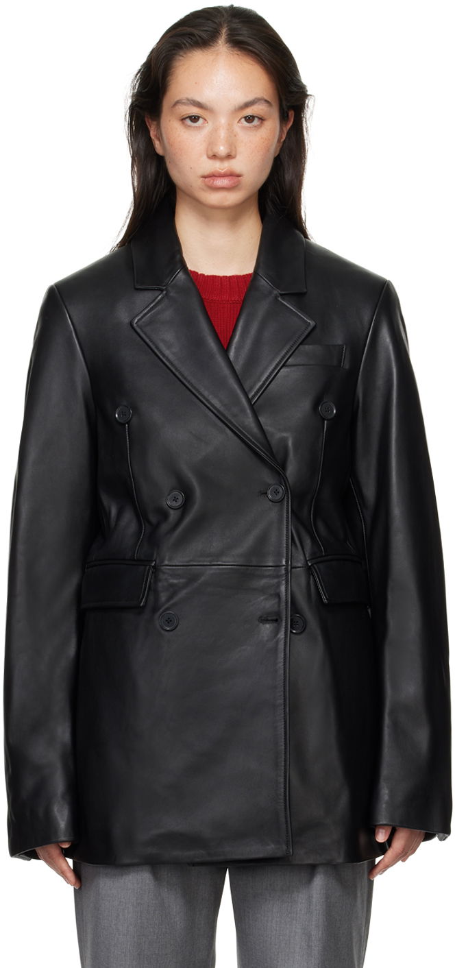 Jacka Loulou de Saison Loulou de Saison Benetra Double-Breasted Leather Blazer Svart | BENETRA
