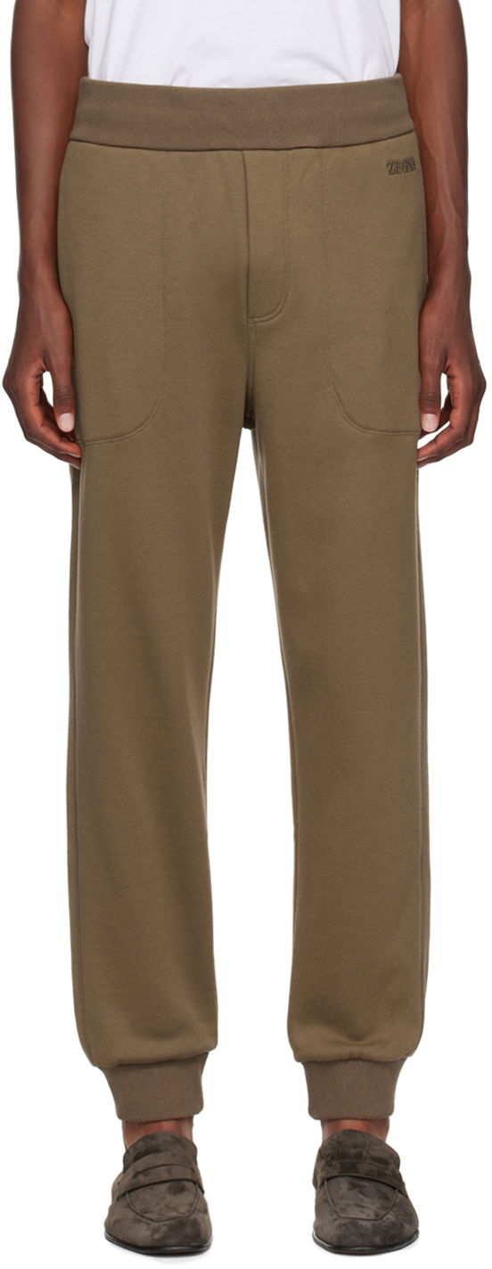 Träningsbyxor ZEGNA Brown Embroidered-Logo Sweatpants Beige | N6N001830
