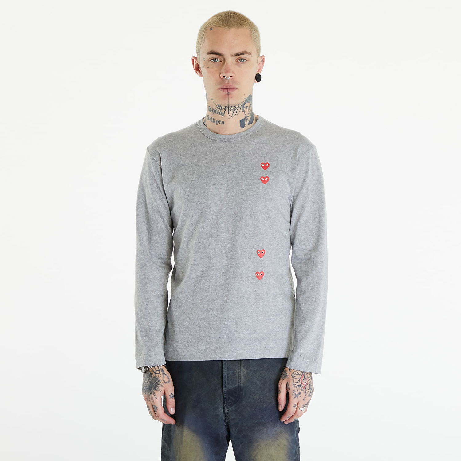 T-shirt Comme des Garçons PLAY Long Sleeve Logo Print T-Shirt UNISEX Grey Grå | AXT339 grey, 0