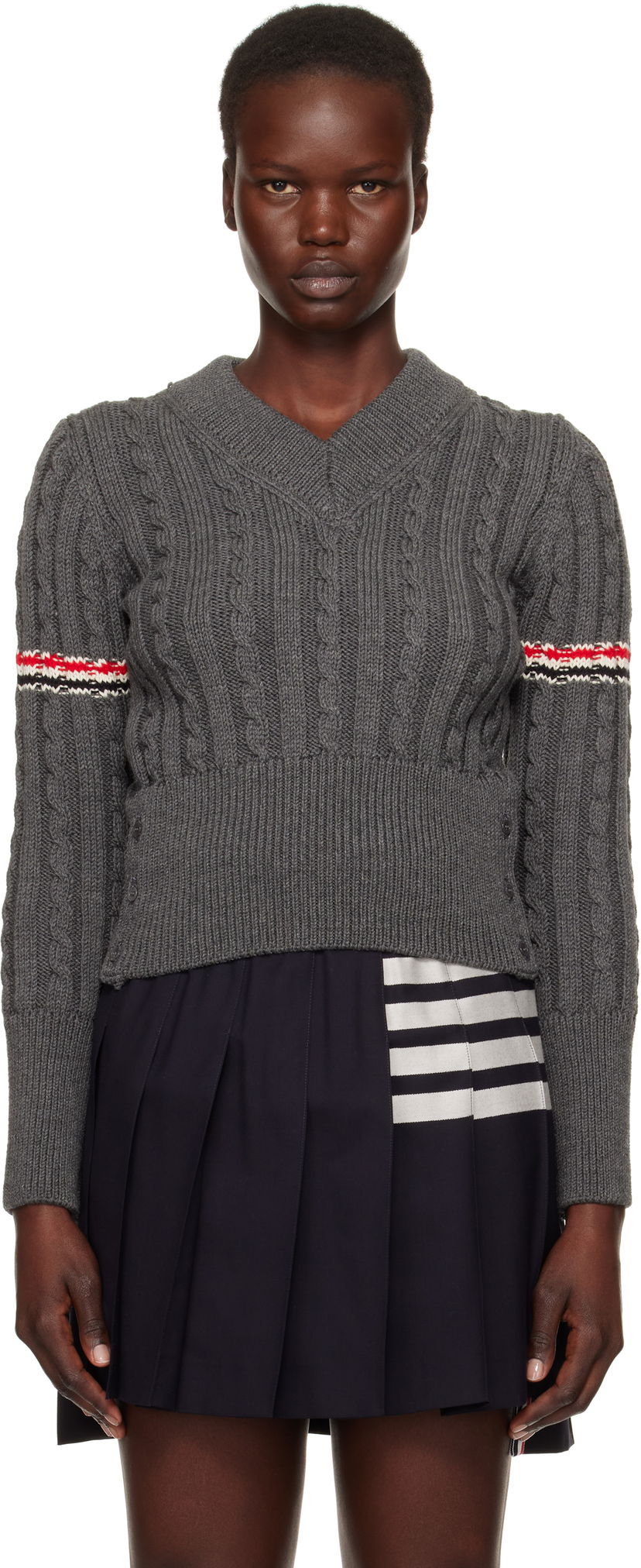Sweater Thom Browne Classic Cable V-Neck Wool Sweater Blå | FKA479A-Y1024