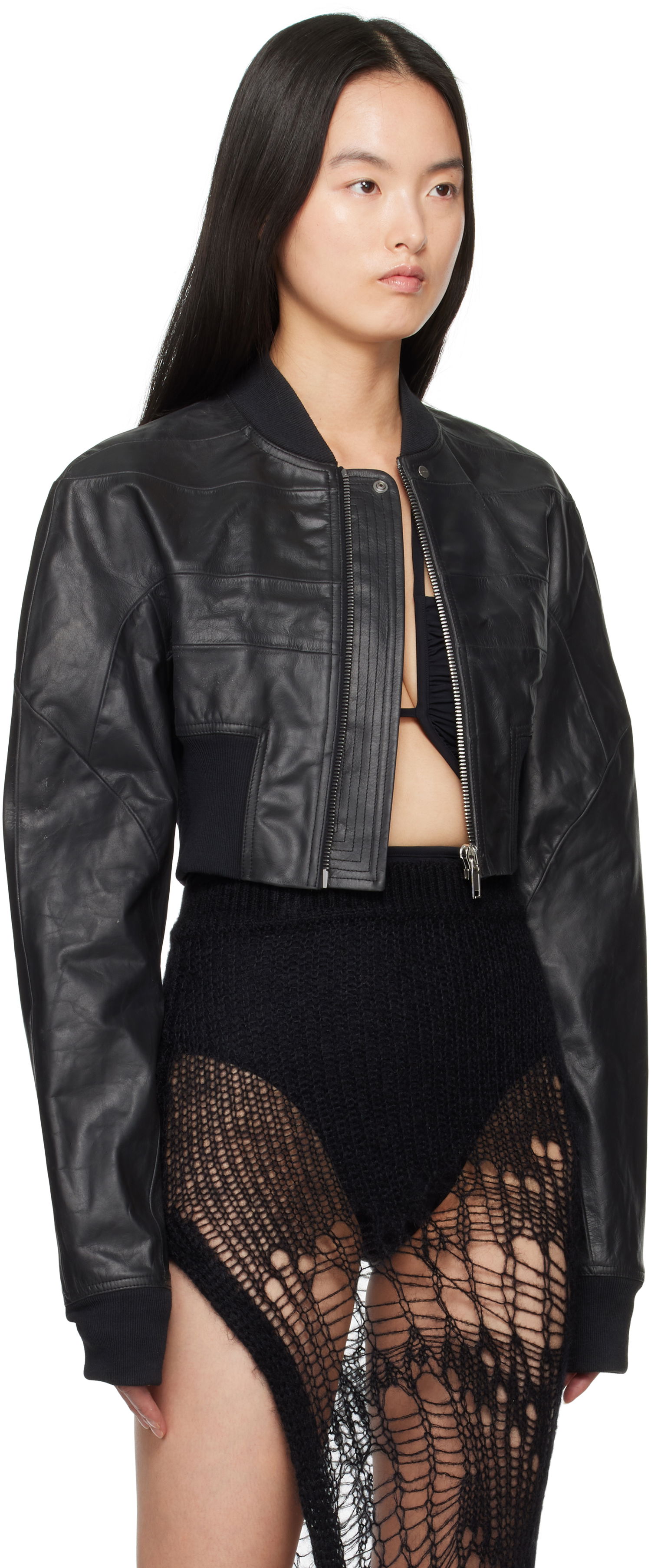 Bomberjacka Rick Owens Rick Owens Hollywood Girdered Cropped Leather Bomber Jacket Svart | RP01E7713 LTP, 1
