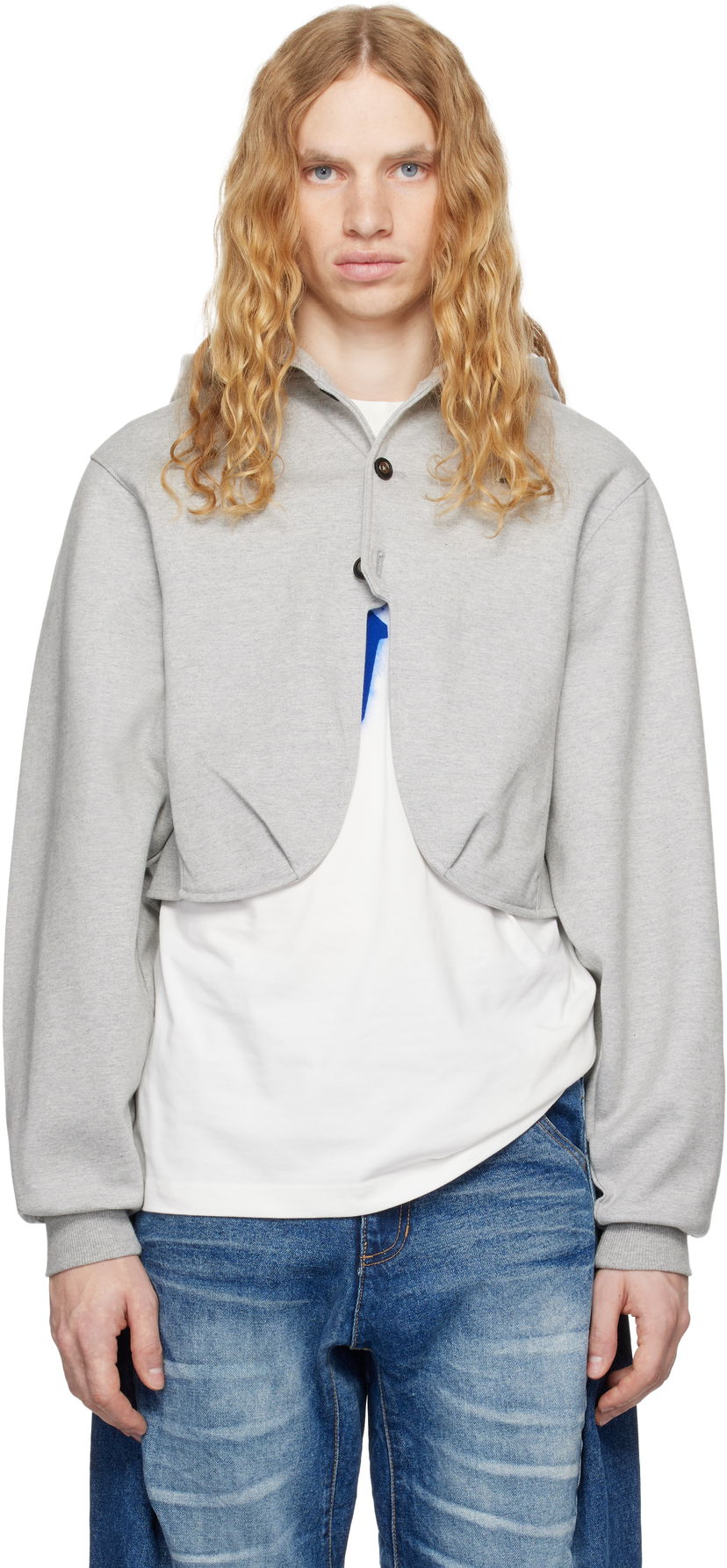 Sweatshirt ADER ERROR Cropped Button Hoodie Grå | BN01FWHD0401GR