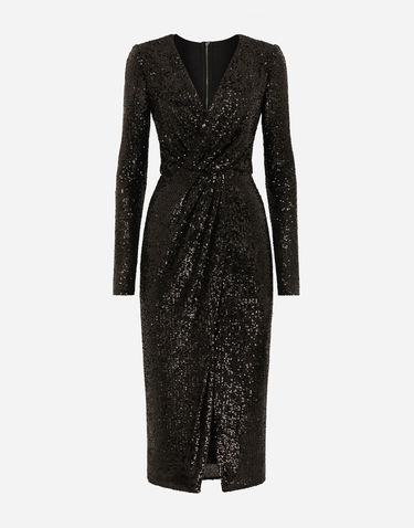 Klä Dolce & Gabbana Sequin Calf-Length Dress Svart | F6DHFTFLUBWN0000, 0