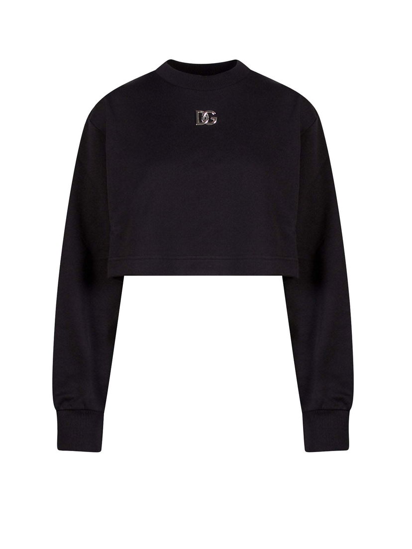 Sweatshirt Dolce & Gabbana Crop Fit Cotton DG Patch Sweatshirt Black Svart | F9N80ZFU7DU#N0000