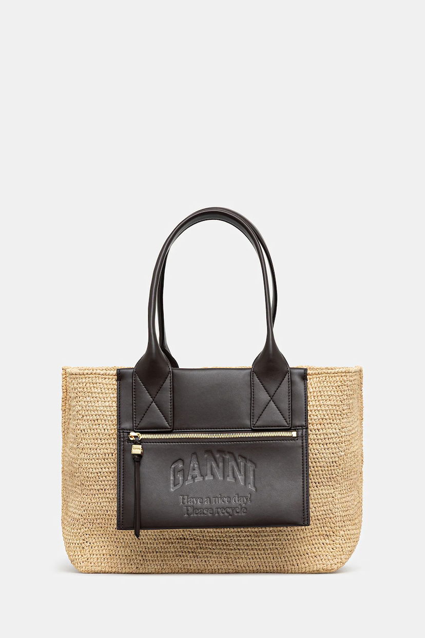 Tygpåse GANNI GANNI Easy Shopper Medium Raffia Tote Bag Beige | A6823