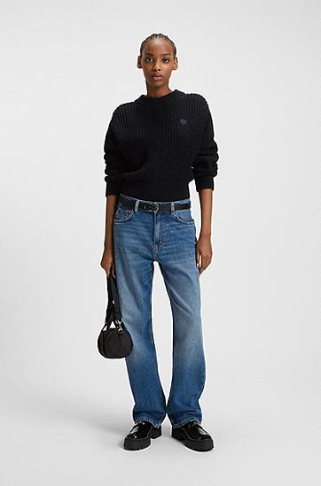 Sweater BOSS Relaxed-fit knitted sweater with Happy HUGO badge Svart | 50548138, 1