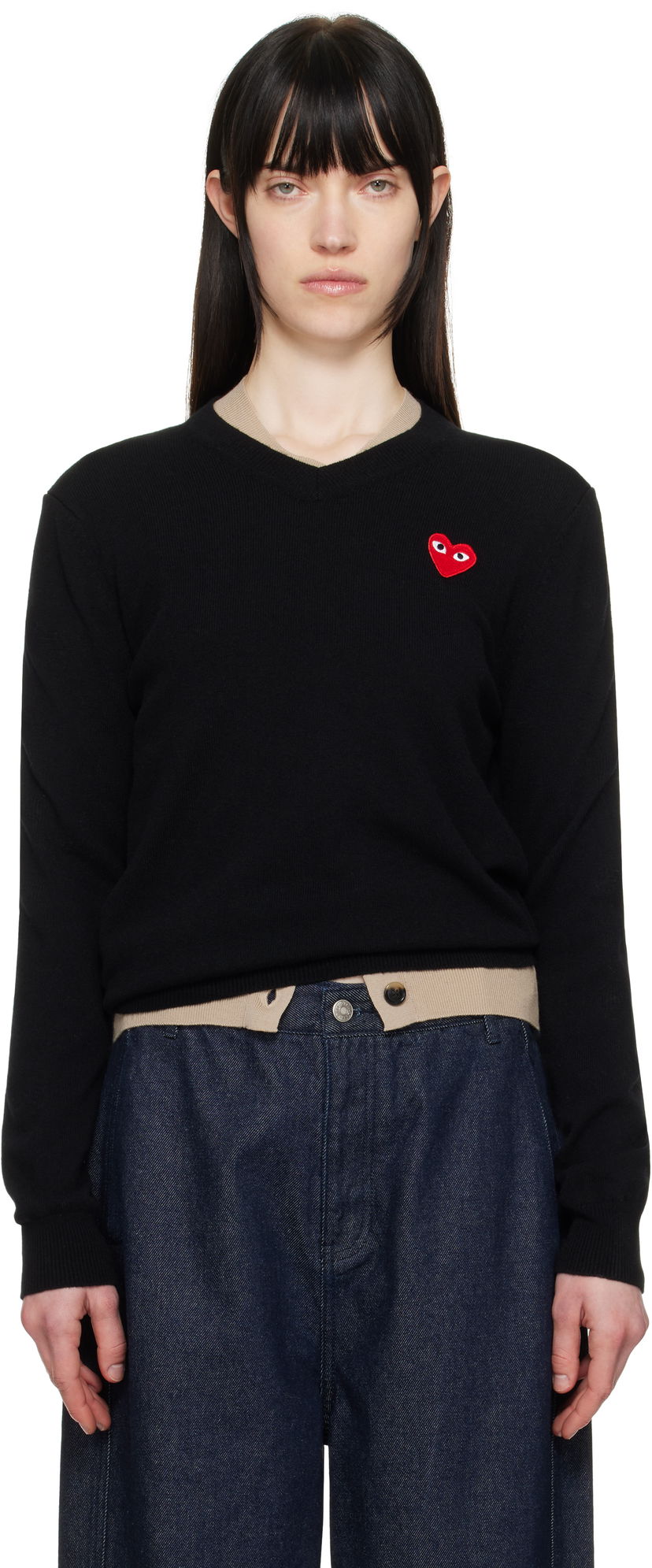 Sweater Comme des Garçons COMME des GARÇONS PLAY Heart V-Neck Sweater Svart | AX-N002-051