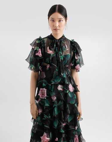 Klä Dolce & Gabbana Dolce & Gabbana Rose Print Chiffon Calf-Length Dress with Ruffles Svart | F6B3ITIS1XAHN5IZ, 3