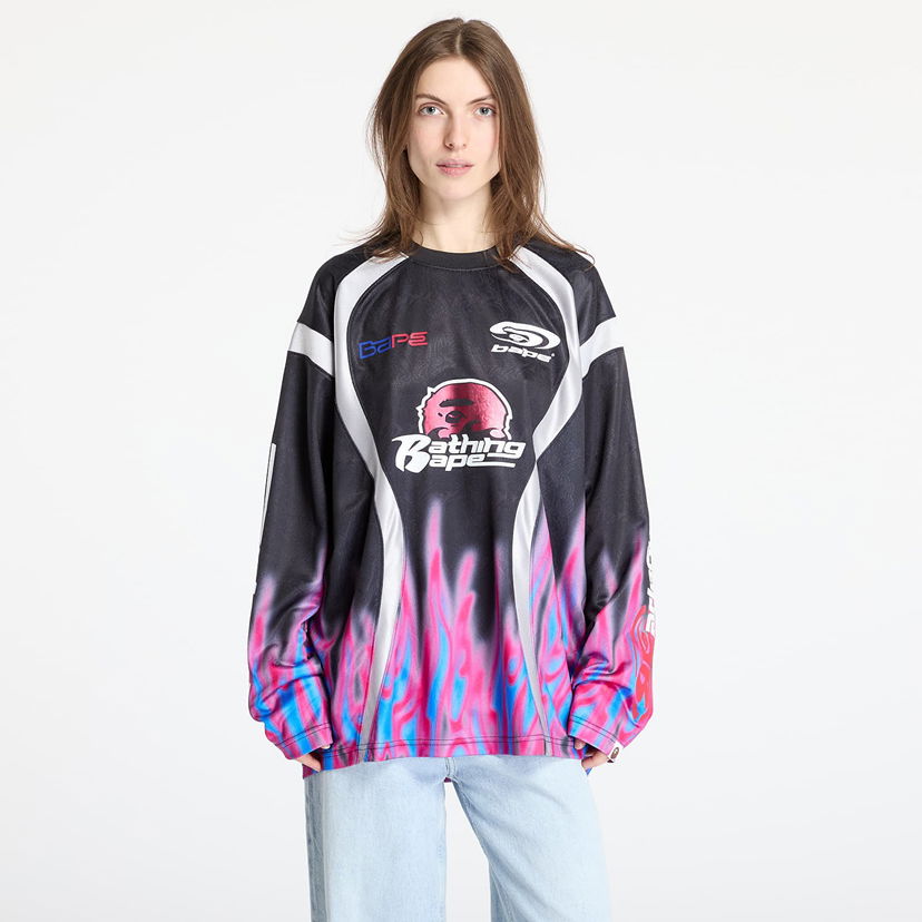 Jersey BAPE A BATHING APE Flame Pattern Relaxed Fit Football Jersey Svart | 001LTL301310MBLK
