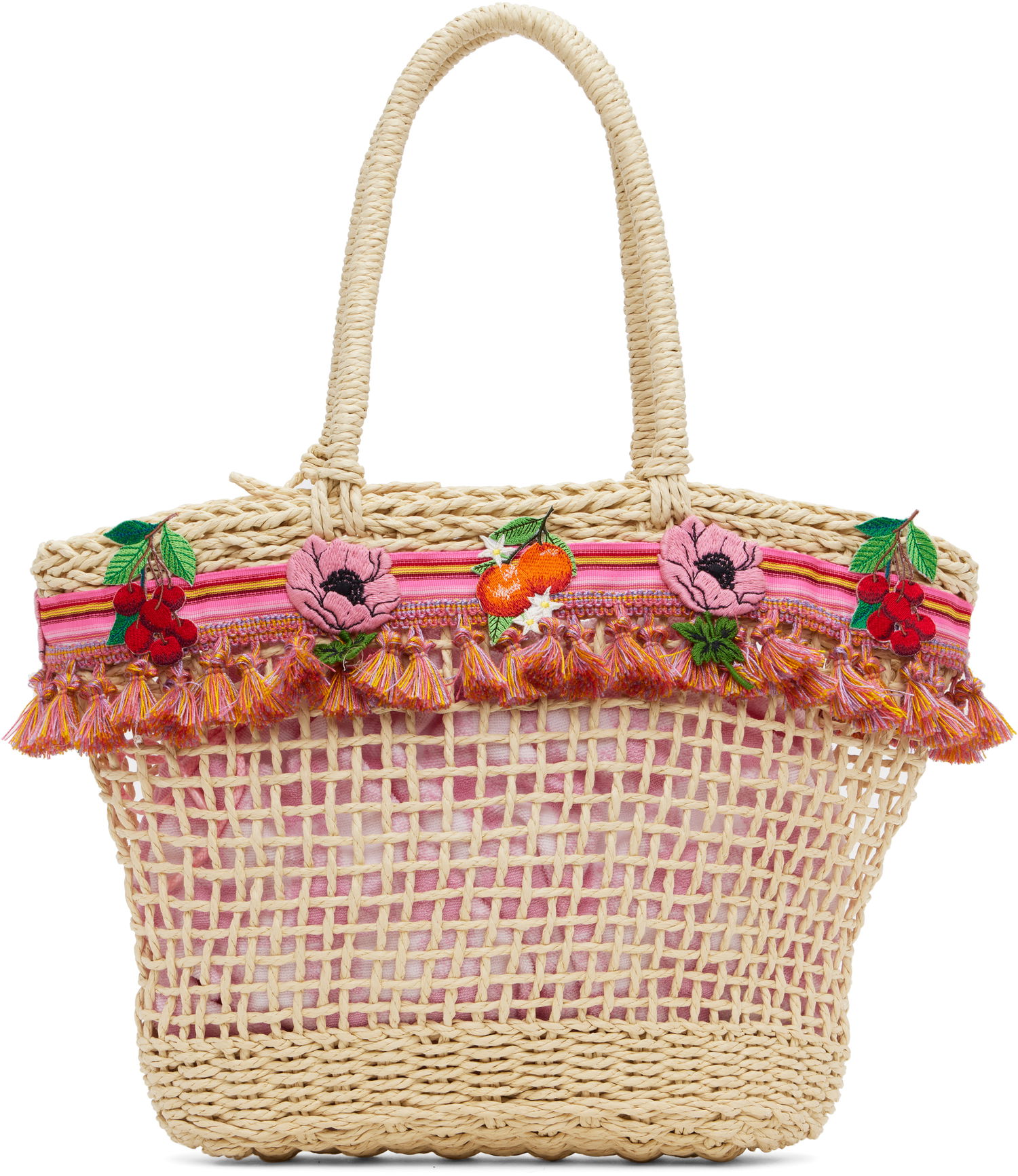 Tygpåse Anna Sui Anna Sui Raffia Tassel Tote Bag with Fruit Embroidery Beige | 225A92, 0
