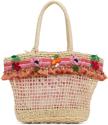 Tygpåse Anna Sui Anna Sui Raffia Tassel Tote Bag with Fruit Embroidery Beige | 225A92, 0
