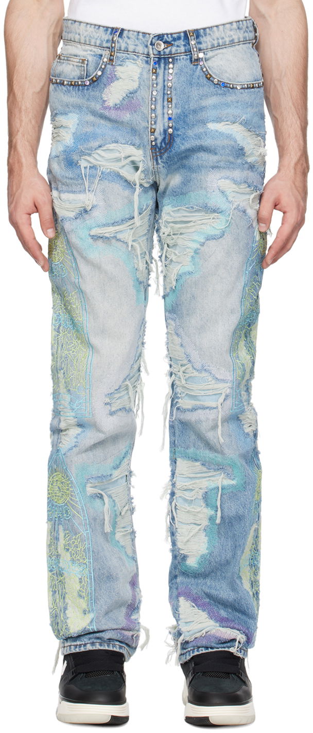 Jeans Who Decides War Embroidered Distressed Studded Washed-Effect Jeans Flerfärgad | 1120830030SS24
