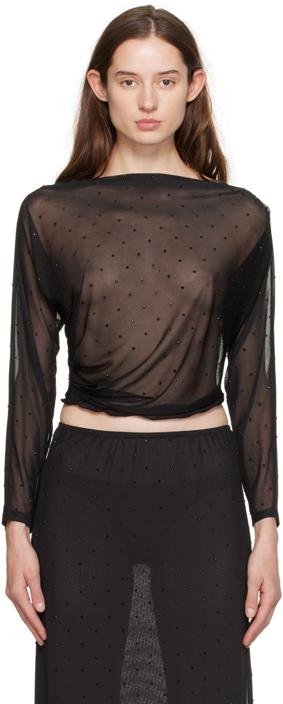 Crop top Anna Sui Anna Sui Rhinestone Mesh Long Sleeve Top Svart | 1024F22
