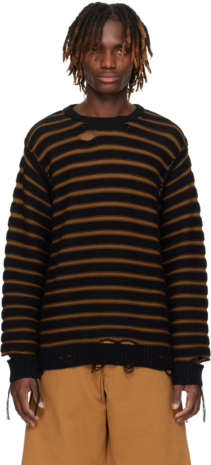 Sweater Maison Margiela MM6 Maison Margiela Striped Distressed Cotton Knit Sweater Svart | SH0HL0022 M13080