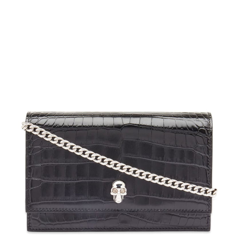 Plånbok Alexander McQueen Alexander McQueen Croc-Embossed Small Skull Chain Wallet Svart | 6130881HB0I-1001