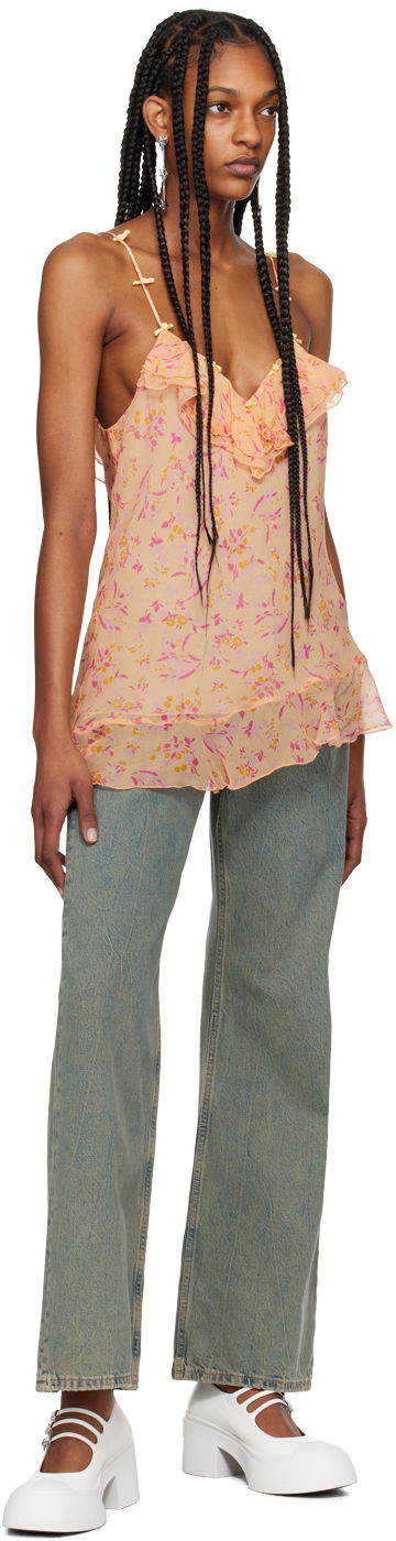 Linne Anna Sui Floral Print Ruffled Asymmetrical Tank Top Orange | 324C20, 3