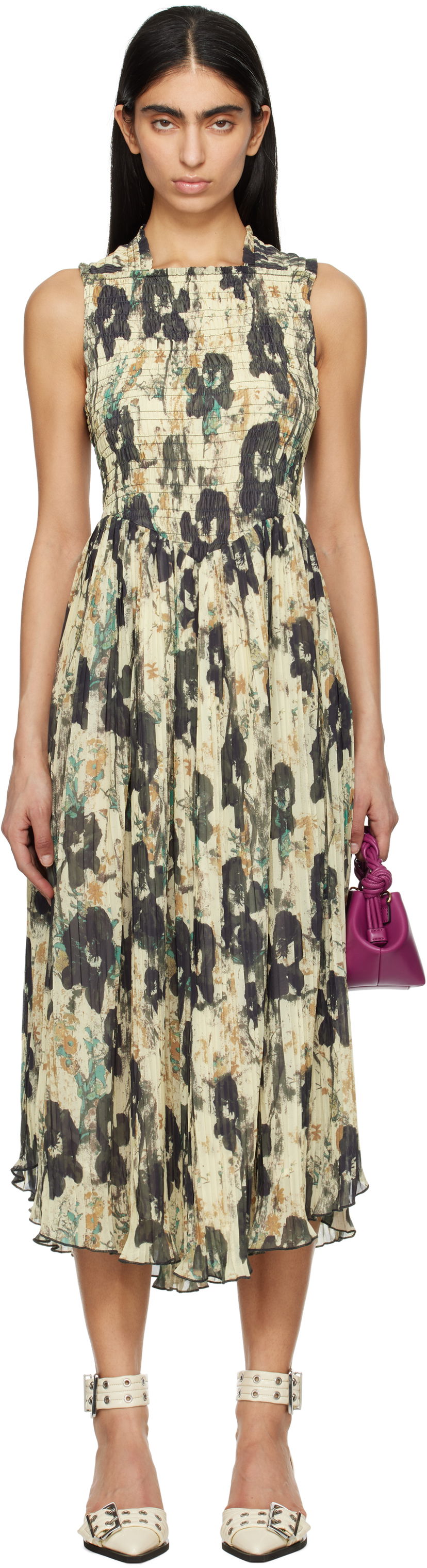 Klä GANNI GANNI Printed Smocked Pleated Midi Dress Beige | W0209
