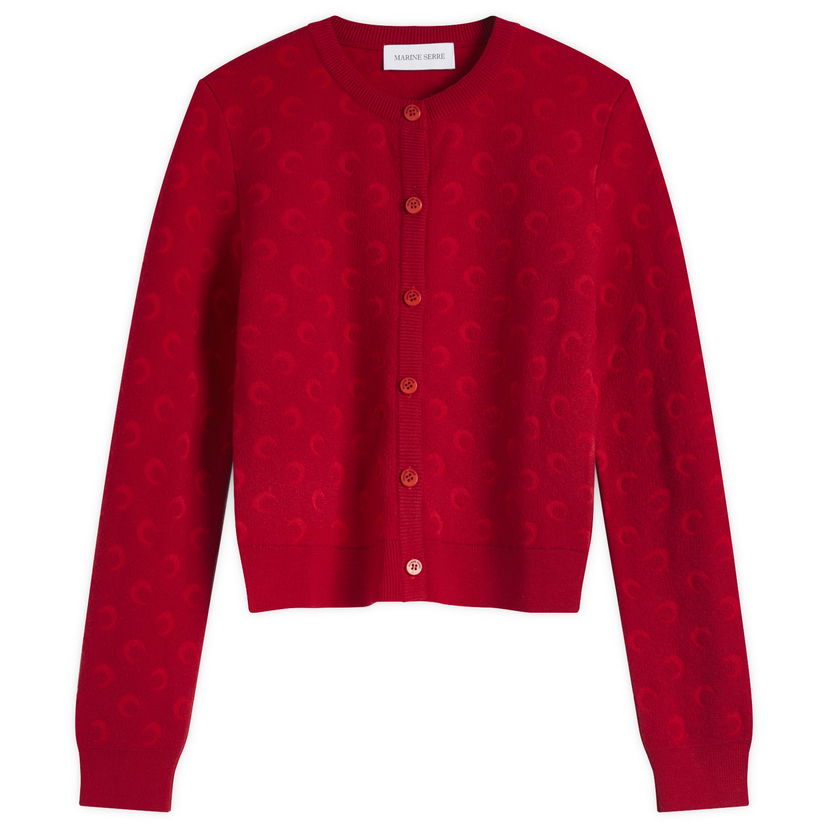 Sweater Marine Serre Marine Serre Moon Jacquard Knit Fitted Cardigan, Size Large Röd | WTK011A-RD10