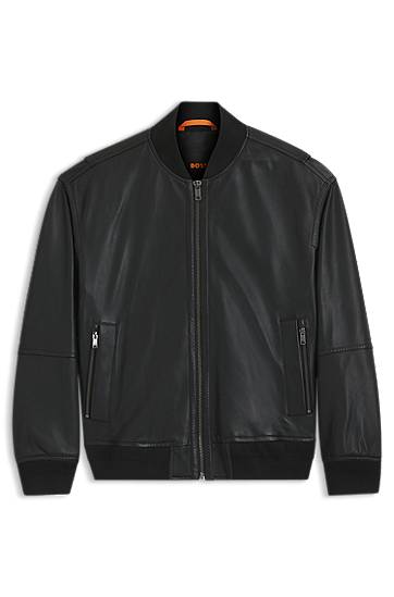 Bomberjacka BOSS Regular-Fit Textured Leather Bomber Jacket Svart | 50547545