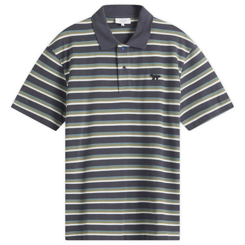 Polotröja MAISON KITSUNÉ Maison Kitsuné Profile Fox Patch Stripe Polo, Size Large Grå | OM00209KJ7010-P476