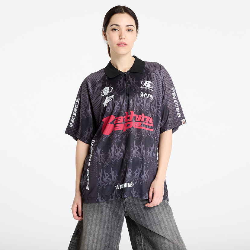 Polotröja BAPE A BATHING APE Flame Pattern Overall Print Half Zip Relax Fit Polo Shirt Svart | 001POL301304MBLK