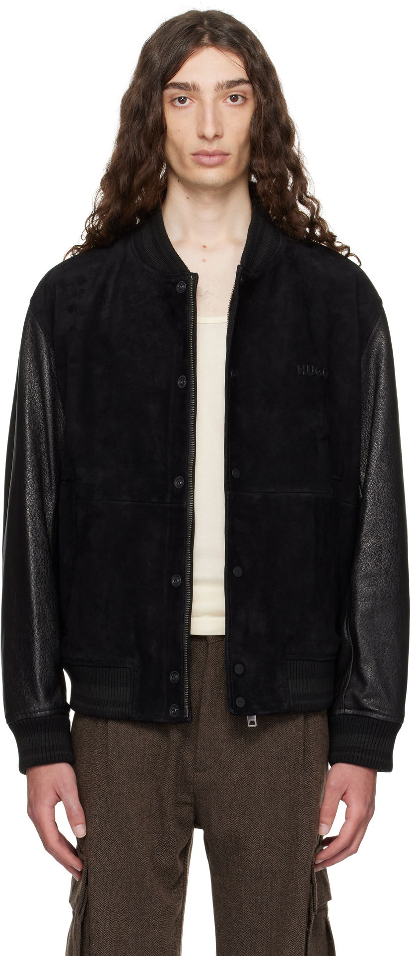 Bomberjacka BOSS Hugo Embossed-Logo Suede & Leather Bomber Jacket Svart | 50541881