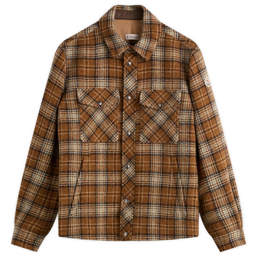 Skjorta Moncler Men's Stud Button Check Overshirt, Size Large Brun | 2F000-23-598X5-F22