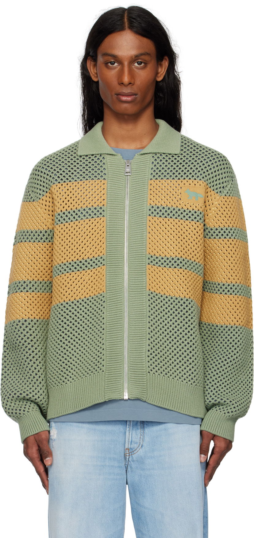 Jacka MAISON KITSUNÉ Maison Kitsuné Striped Mesh Blouson Jacket Grön | OM02136KT1125