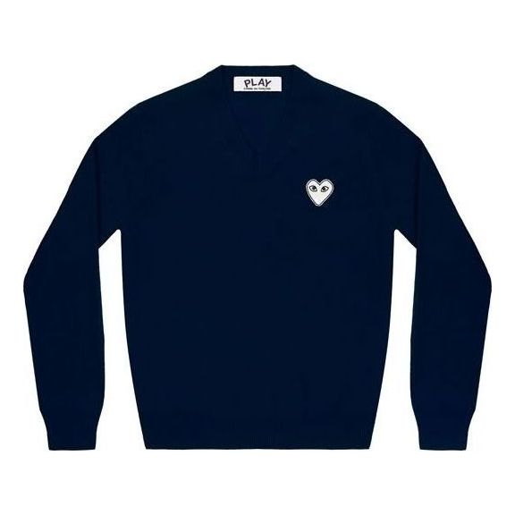 Sweater Comme des Garçons COMME des GARCONS PLAY V-Neck Pullover with White Heart Emblem Mörkblå | AZ-N059-051-2