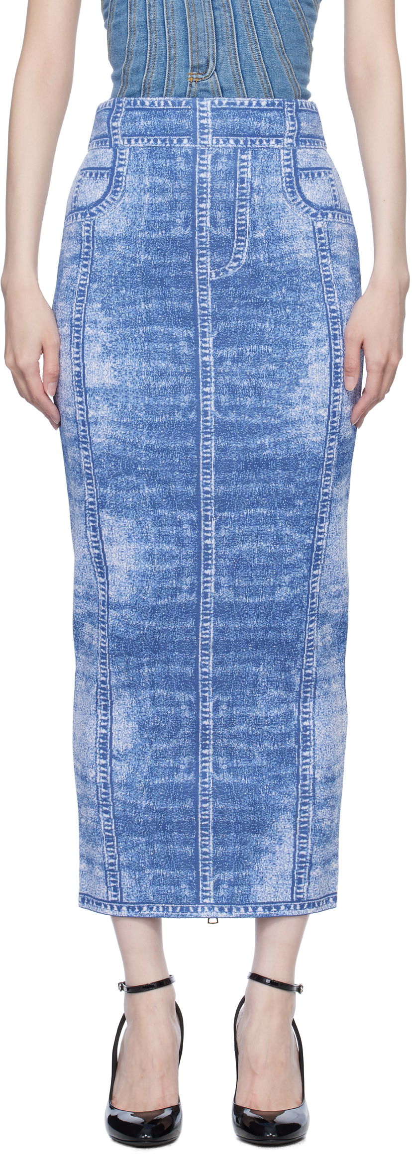 Kjol Balmain Denim Effect Knit Midi Skirt Blå | EF1LD475KH80